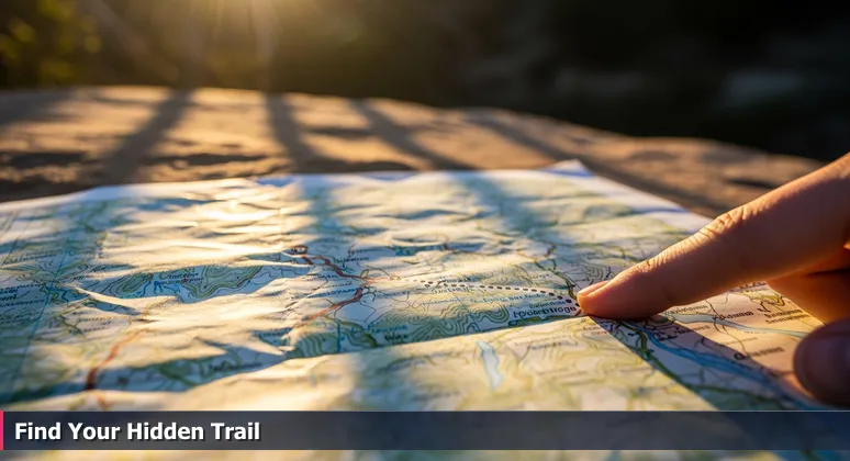 A weathered hiking map on a sun-warmed rock at a Rancho Cucamonga trailhead, with bold trails and faint hidden paths symbolizing tech career opportunities beyond the list.