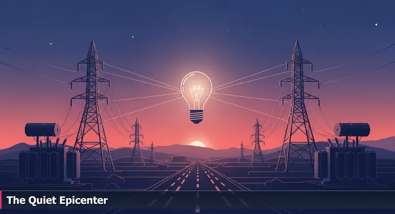 A dawn view of an electrical substation in Rancho Cucamonga with transformers and power lines against the San Gabriel foothills, symbolizing the city's tech transformation.