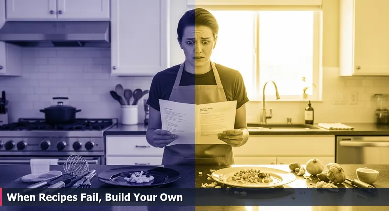 A frustrated person in a Rancho Cucamonga kitchen compares a perfect AI model to a messy real-world project, symbolizing the gap between theory and practice in AI engineering.