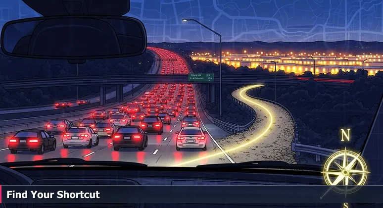Driver's-eye view of traffic on the 10/15 freeway interchange in Rancho Cucamonga at dusk, with a hidden service road leading to illuminated warehouses, symbolizing alternative funding paths.