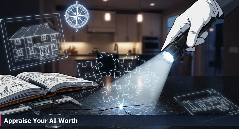 A home appraiser's hand using a flashlight to inspect a hairline crack in a modern granite kitchen countertop, symbolizing hidden details in AI salary assessments.