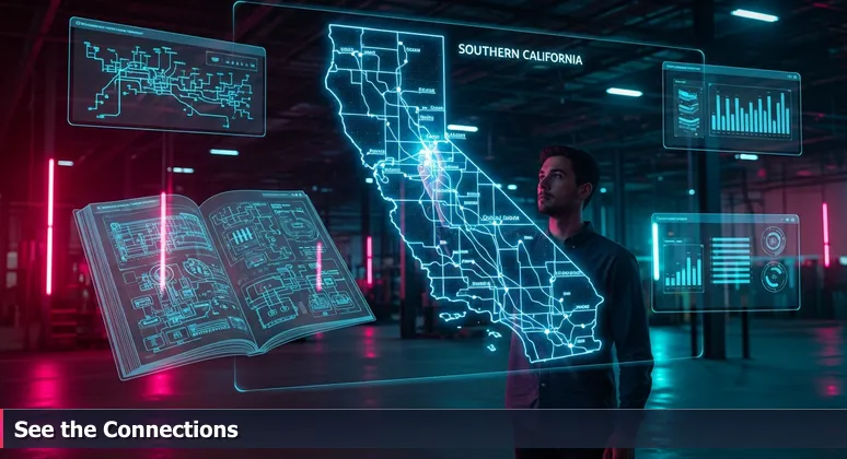 A strategist analyzes a digital map highlighting AI networking pathways between Rancho Cucamonga and Inland Empire tech hubs, symbolizing career navigation.
