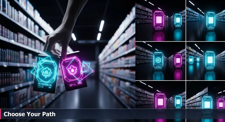 A hand holding two nearly identical boxes in a grocery aisle, symbolizing the choice between AI engineering careers in Rancho Cucamonga, CA.