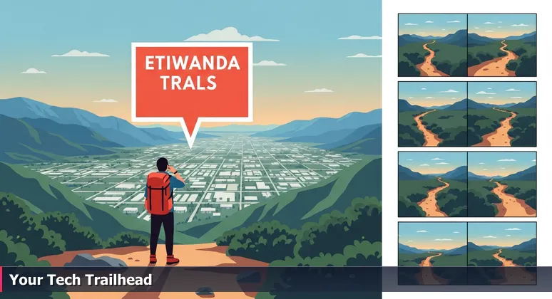 A hiker at the Etiwanda Falls trailhead overlooking Rancho Cucamonga and the Inland Empire, symbolizing career choices in tech with multiple unmarked paths.