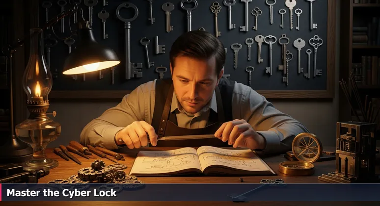 A master locksmith crafting a unique key in a vintage workshop, symbolizing the need for specialized cybersecurity skills in Rancho Cucamonga's 2026 job market.