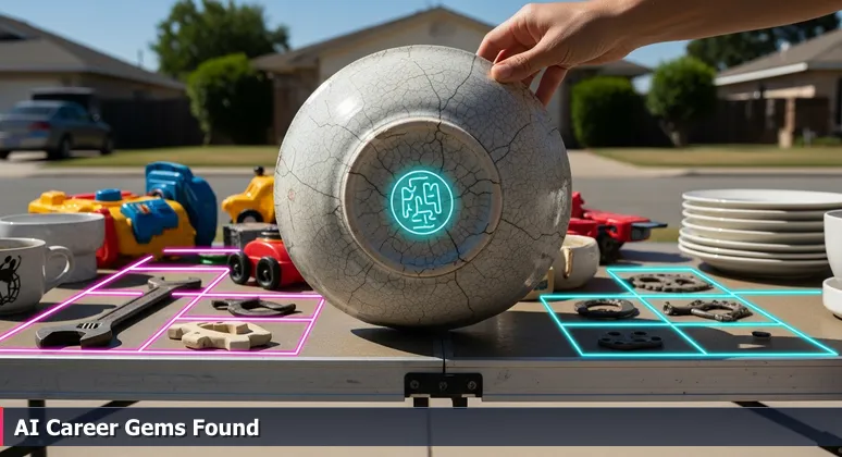 Close-up of a hand revealing a hidden maker's mark on a ceramic bowl at a garage sale in Rancho Cucamonga, symbolizing the discovery of AI job opportunities in local industries.