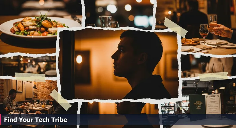 A tech professional stands at the entrance of a vibrant coworking space in Rancho Cucamonga, observing diverse groups of people collaborating and networking at desks.