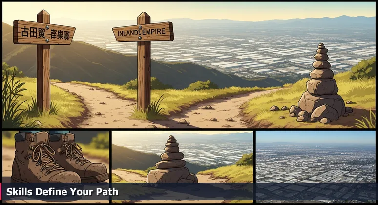 Close-up of worn hiking boots at a trail fork in the San Gabriel foothills above Rancho Cucamonga, with one path marked by a formal sign and the other by a cairn, overlooking the Inland Empire landscape.