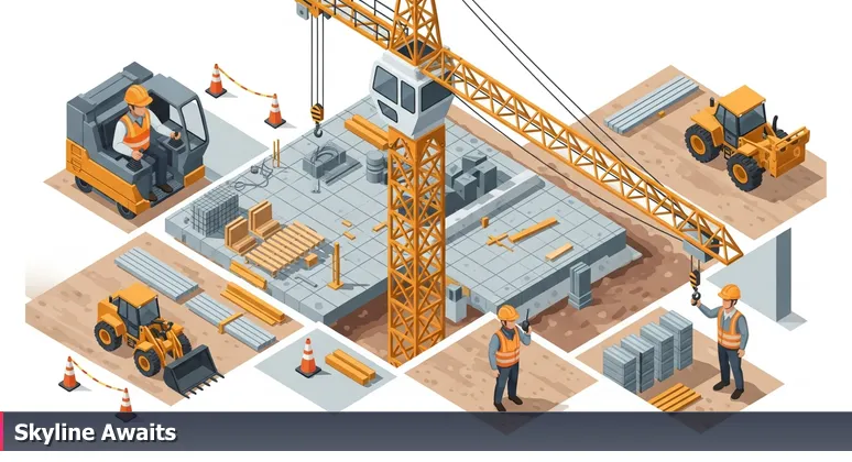 An apprentice crane operator symbolizing a junior developer in Rancho Cucamonga, with a mentor foreman below, representing tech apprenticeships in the Inland Empire.