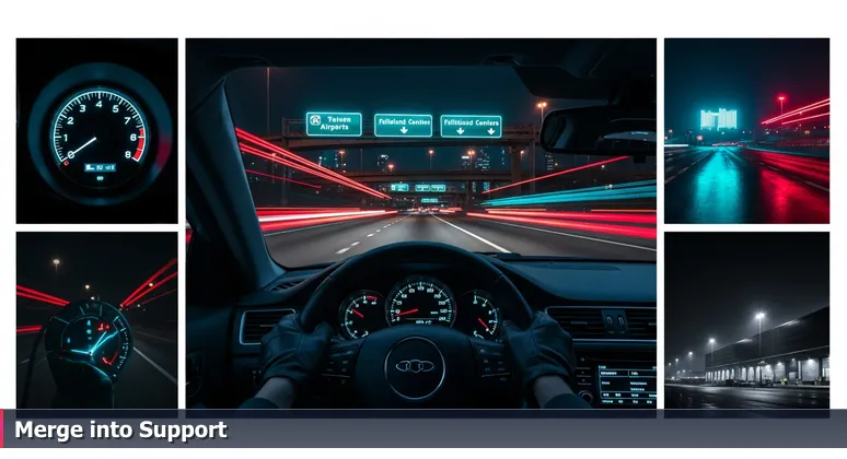 Hands on a steering wheel at dusk, driving through the I-10 and I-15 interchange in Rancho Cucamonga, with visible exits for tech employers like Amazon and Ontario Airport.