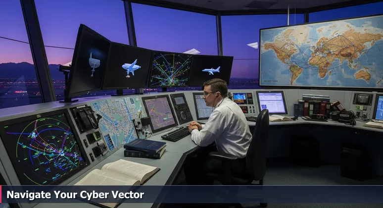 An air traffic controller at Phoenix Sky Harbor Airport during dusk, focused on radar screens displaying various aircraft, symbolizing cybersecurity career navigation.