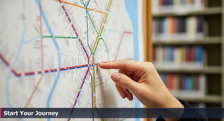 A person's hand tracing a route on a colorful transit map pinned to a Phoenix community center bulletin board, with library shelves in the background.