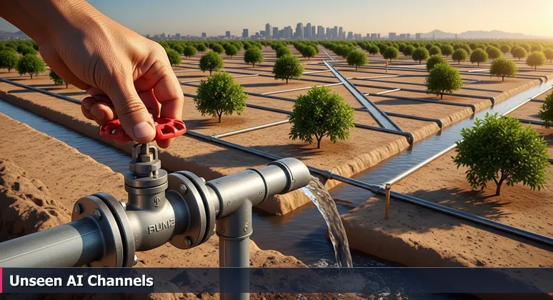 Close-up of a weathered hand turning a valve on a galvanized steel irrigation pipe in the Sonoran Desert, with water flowing into narrow dirt channels towards young citrus trees and the Phoenix skyline in the distance.