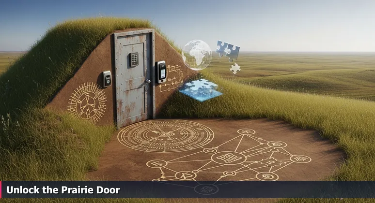 A weathered, unmarked steel door set into a grassy prairie hillside under a vast Texas sky, with a modern keypad and biometric scanner, representing hidden AI opportunities in Amarillo.