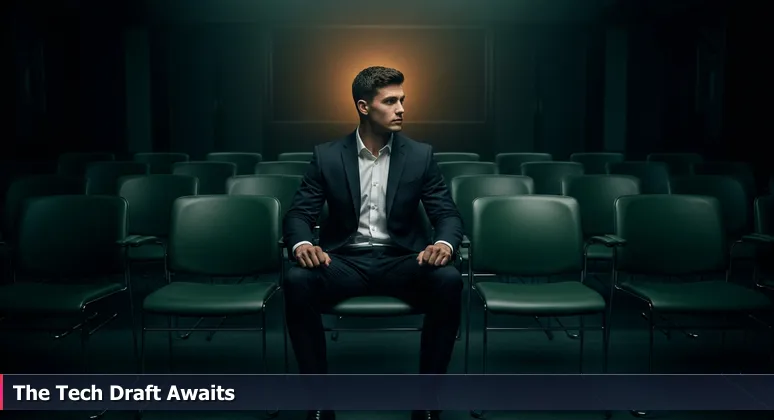 A tech professional metaphorically shown as a draft prospect in a green room, highlighting the high-stakes of choosing employers in Amarillo's 2026 tech job market.