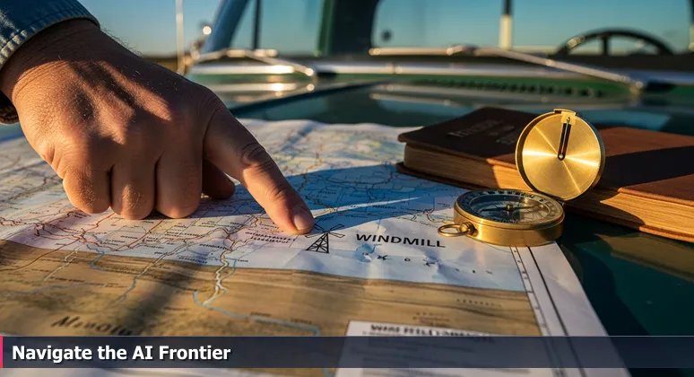 A weathered rancher's hand points to a windmill on a map, symbolizing finding hidden AI networking opportunities in Amarillo, Texas.