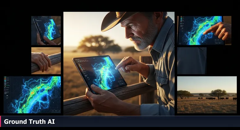 A Texas rancher examines a tablet showing a sonar map of an aquifer, symbolizing AI applied to real-world challenges in Amarillo.