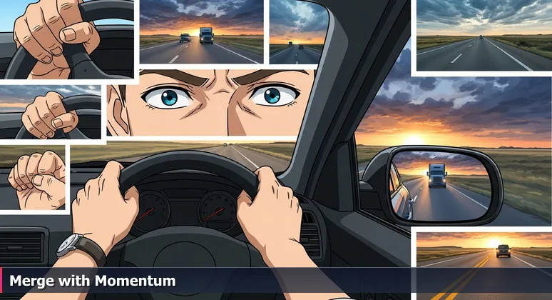 Driver's hands gripping a steering wheel with the I-40 highway visible in the side mirror, symbolizing the merge into tech careers in Amarillo, Texas.