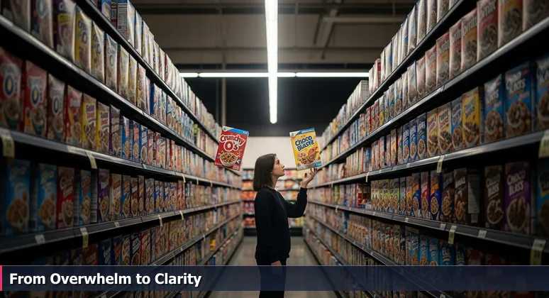A person standing frozen in a grocery aisle, hand hovering between cereal boxes, symbolizing the decision paralysis in choosing an AI bootcamp in Amarillo, TX.