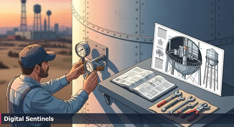 A worker's hands checking a pressure gauge on an Amarillo water tower at sunset, symbolizing the vigilance of cybersecurity professionals.