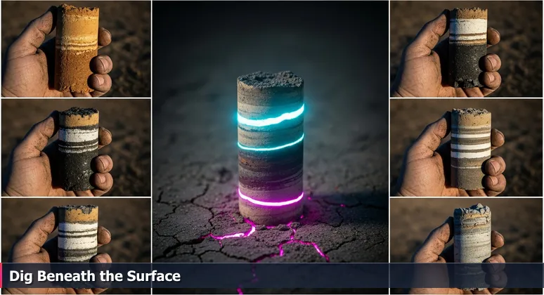Geologist's hands holding a stratified core sample from Amarillo soil, symbolizing layered AI job opportunities in foundational local industries.
