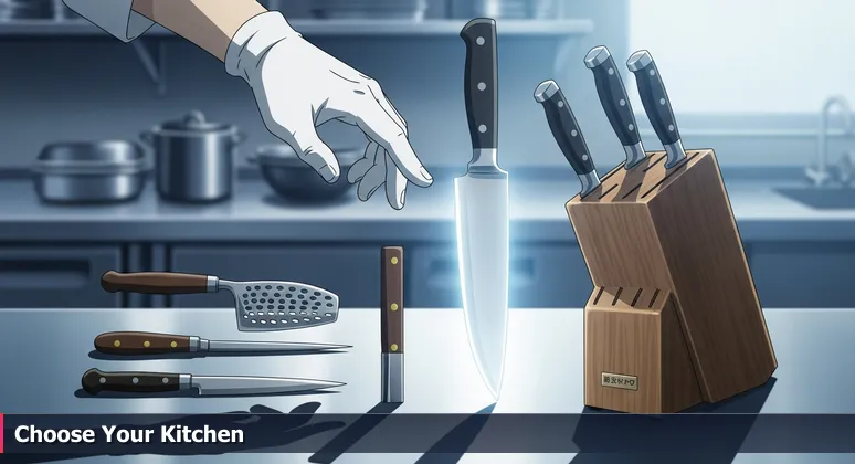 A chef's hand hovering over a knife block in a kitchen, symbolizing the critical choice of tech workspace for AI entrepreneurs in Amarillo.