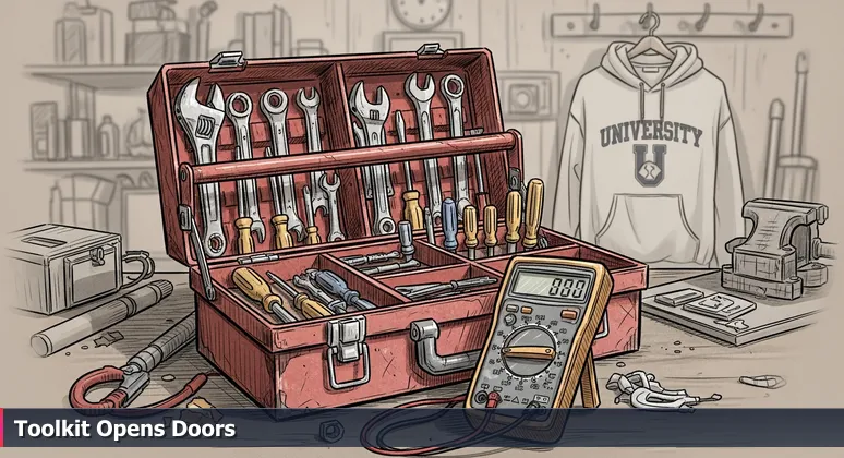 A weathered red toolbox on a garage workbench with organized tools and a university hoodie in background, symbolizing skills-based tech careers in Amarillo.