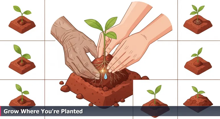 Close-up of experienced and young hands planting a tree in red Panhandle clay, symbolizing mentorship and career growth for junior developers in Amarillo.