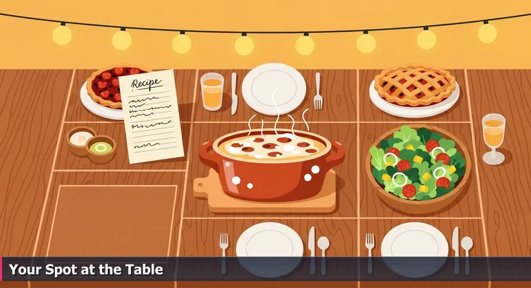 A community potluck table with dishes and an empty spot, symbolizing collective resources for women in tech in Amarillo, Texas.
