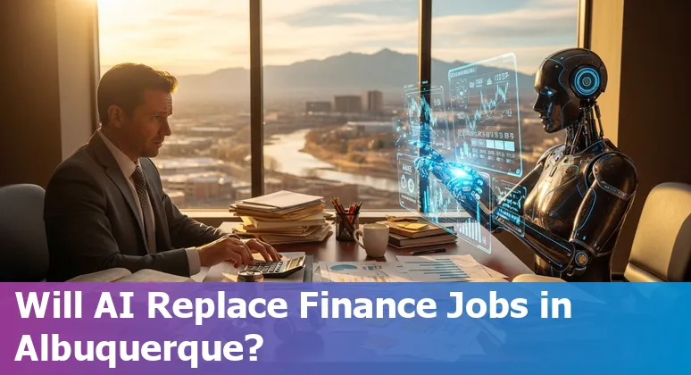 Finance professionals collaborating with AI technology in Albuquerque, New Mexico office