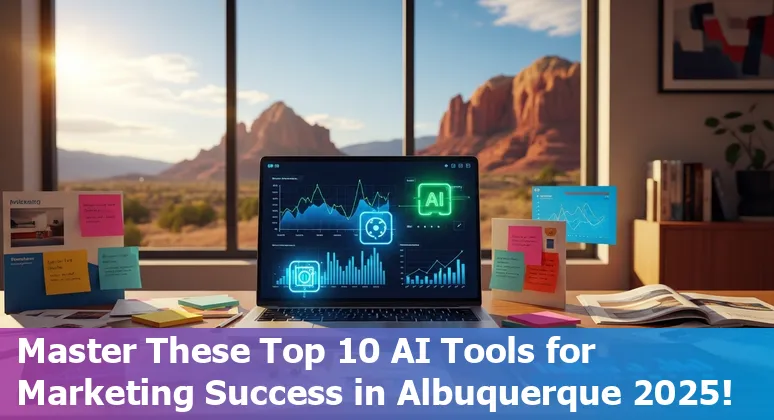 A digital marketing professional in Albuquerque using AI tools on a laptop surrounded by 2025 cityscape visuals.