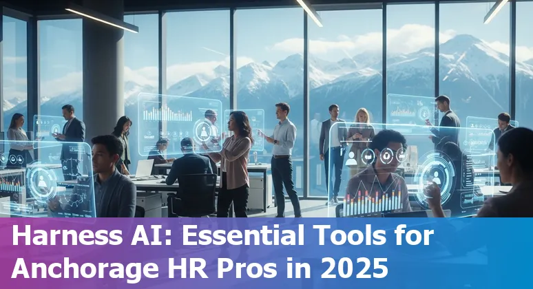 Graphic showing AI tools icons and HR professionals working in Anchorage, Alaska office in 2025