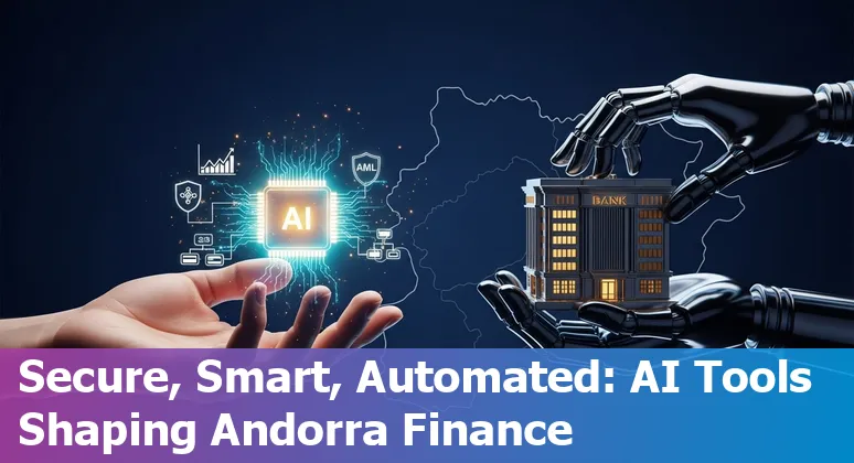 Finance professional in Andorra reviewing AI tools dashboard for forecasting, AML, and reporting.
