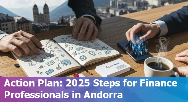 Finance professional using AI tools on a laptop in Andorra—Andorra la Vella skyline visible, 2025 context.