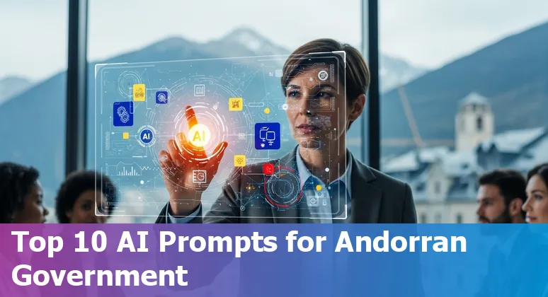 Illustration of AI assisting Andorran government workers: bilingual chat, documents, network dashboards and secure governance.