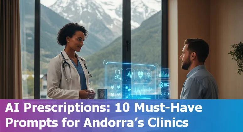 Illustration of AI in healthcare in Andorra: multilingual patient chatbot, hospital admin dashboard, and cloud AI icons.