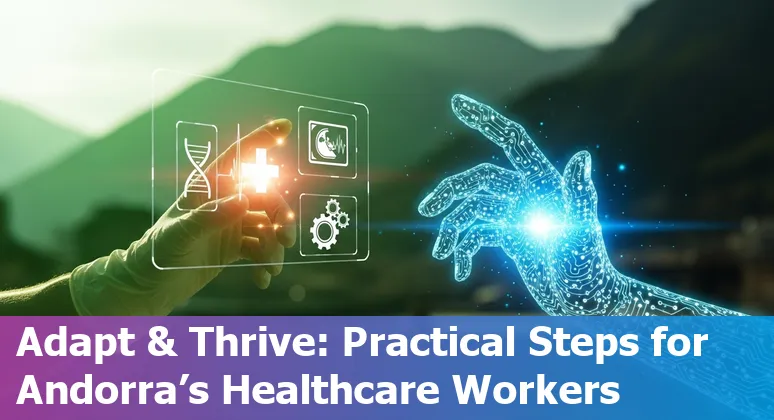 Healthcare workers in Andorra discussing AI tools with medical images and wearable devices visible.