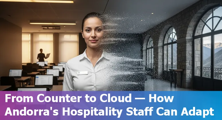 Hotel front desk kiosk, robotic cleaner and chef illustrating AI impact on Andorra hospitality jobs