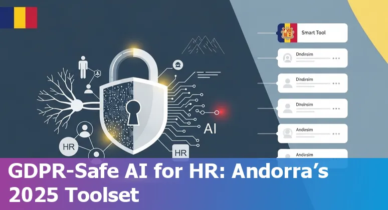 Illustration of HR professionals in Andorra reviewing AI tool dashboards including Paradox, Eightfold, SeekOut and ChartHop