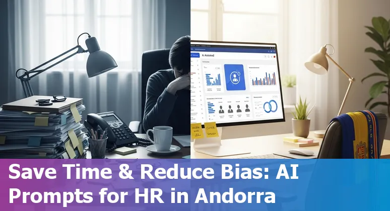 HR professional in Andorra using AI prompts on a laptop, with Andorra map and multilingual job posts on screen