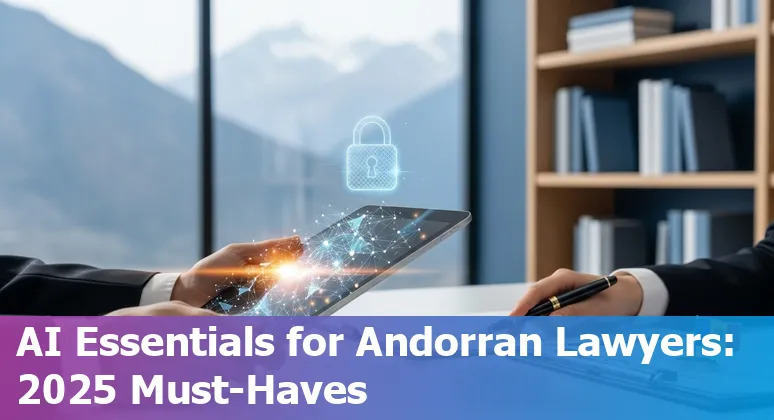 Collage of legal professionals using AI tools on laptop screens with Andorra flag accents