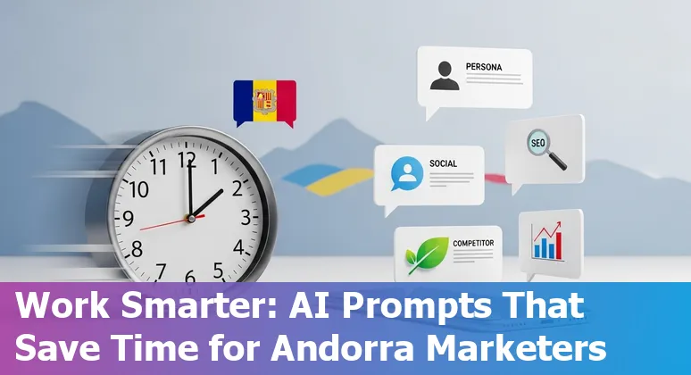 Andorran marketer using AI prompts on laptop with mountain and city skyline background