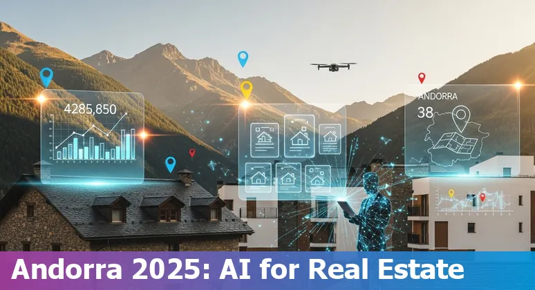 Andorra real estate skyline with AI data overlays showing AVM, virtual tours and energy management for Andorra