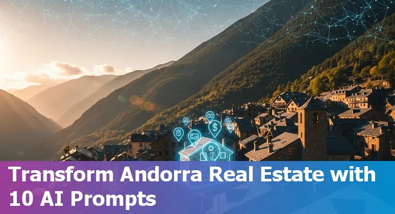 Andorra residential skyline with AI icons overlay representing valuation, listings, staging, screening and sustainability