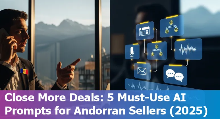 Sales professional in Andorra using AI prompts on laptop with Andorran flag and Pyrenees in background