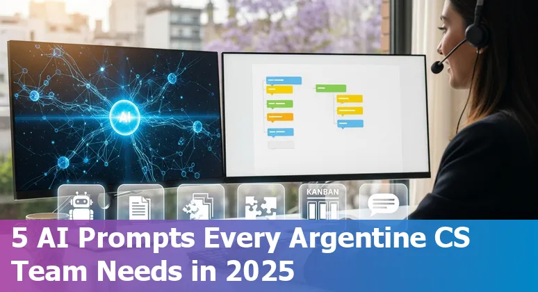 Customer service agent using AI prompts on a laptop with Argentina map and Kanban board