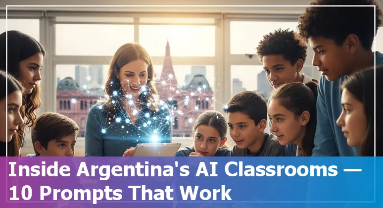 Illustration of AI supporting Argentine classrooms with icons for UBA, CONICET, Mercado Libre and WhatsApp