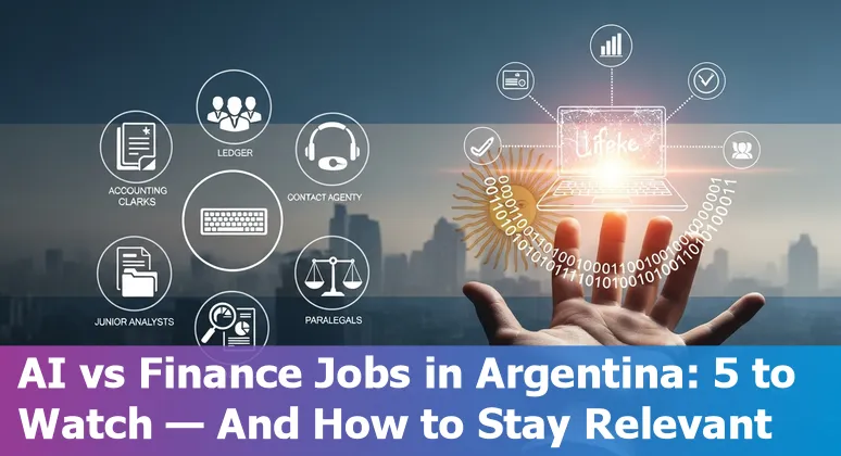 Illustration of Argentine financial workers and AI tools showing bookkeeping, data entry, contact center, analyst and compliance roles
