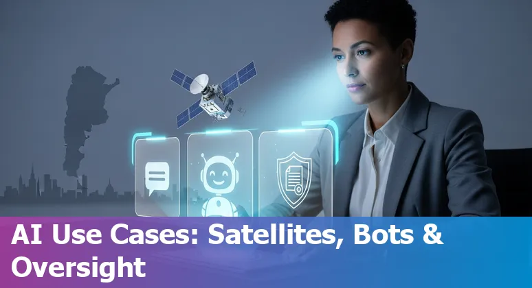 Collage showing GCBA Boti chatbot, traffic signals, satellite maps, medical imaging scans, and policy documents representing Argentina government AI use cases.