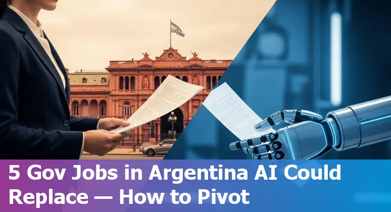 Argentine government workers (clerk, call-center agent, tax officer, paralegal, radiology tech) with AI icons representing automation